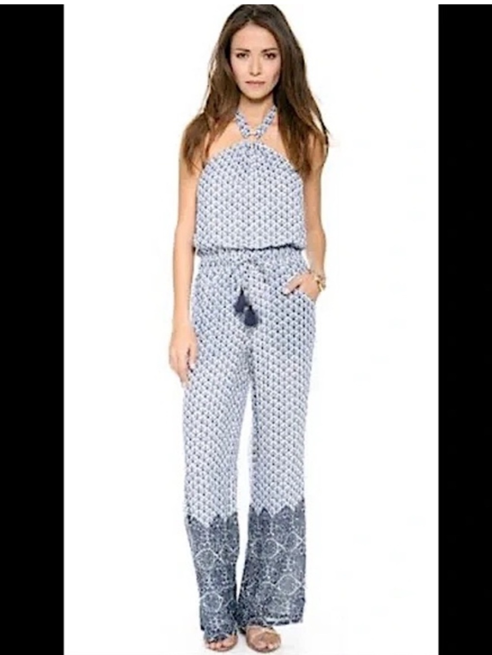 Tory Burch Silk Baja Blue Printed Halter Tassel Jumpsuit
